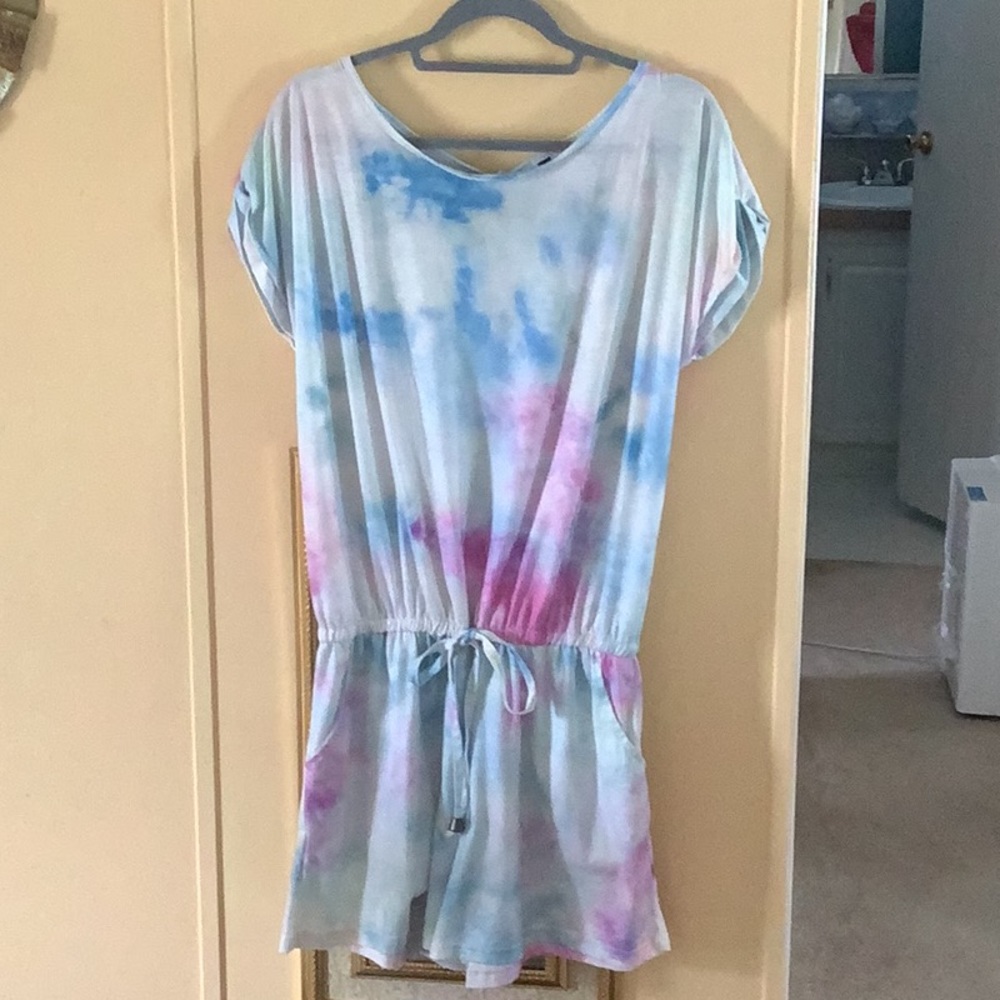 Romper tie dyed look size Large ties around neck cotton blend blue pink …